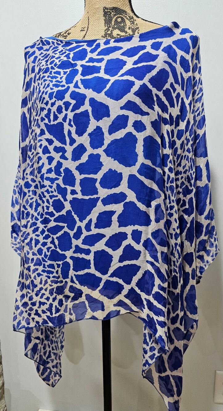 Meo Meli Silk Blouse Caftan, Blue White, Made in Italy, Base Tank, Womens Sz L